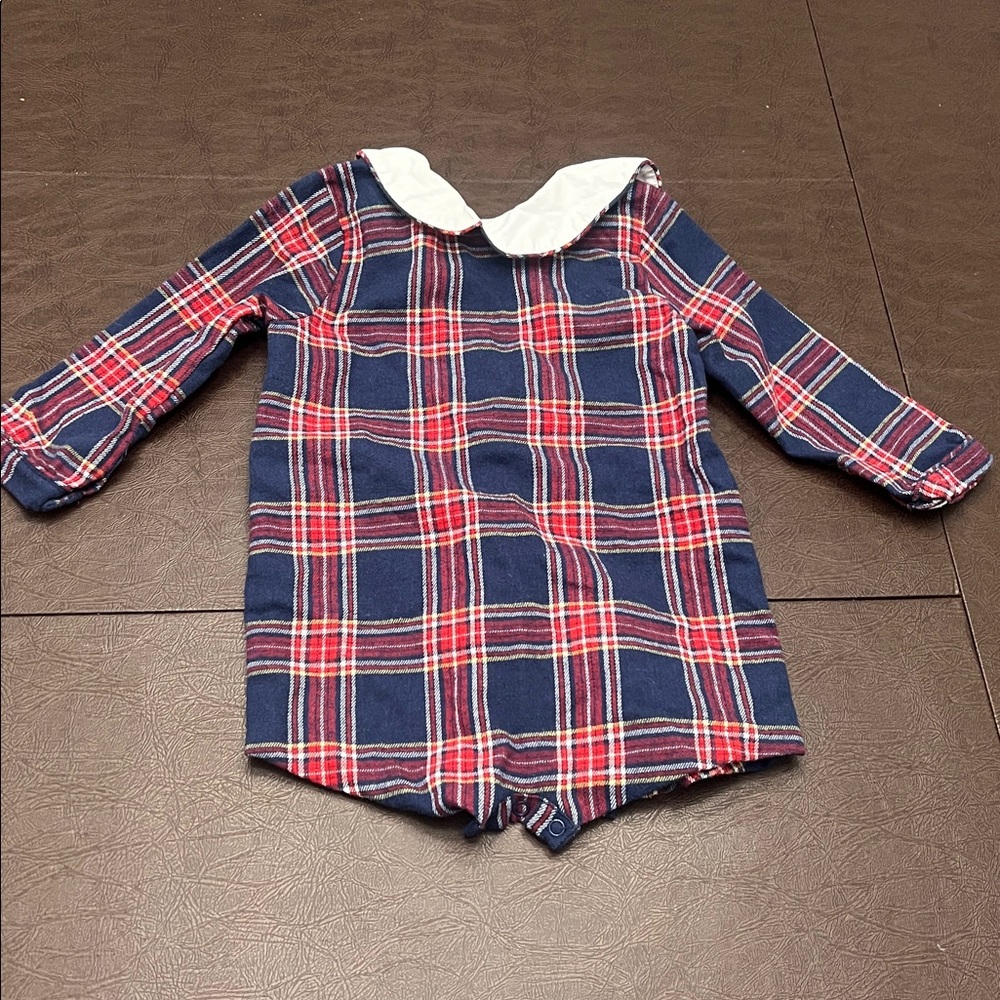 Plaid Baby Shortall Romper with White Collar